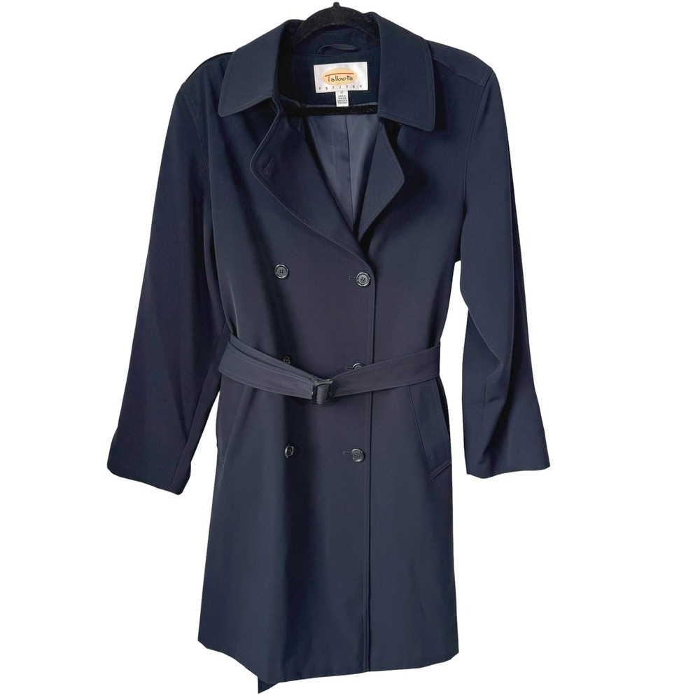Talbots Trench Coat Women 12P Navy Double Breasted Belted Professional Classic - Picture 16 of 16